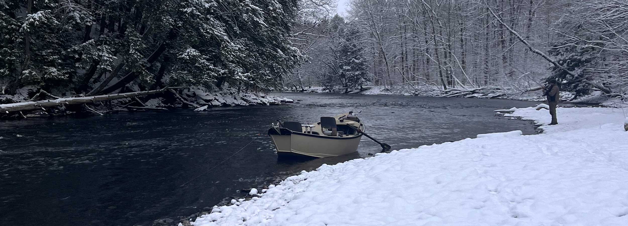photo of a Driftwater Fishing driftboat in Salmon River in the winter