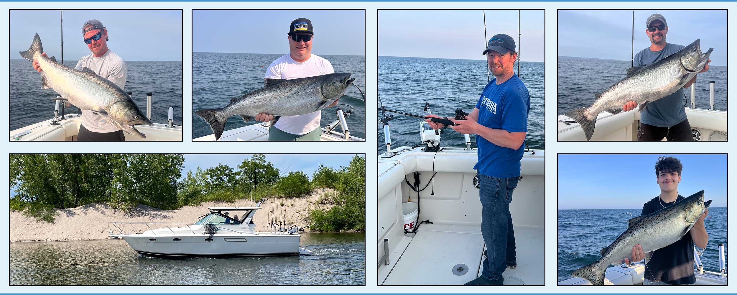 photo of the Tiara fishing boat going past sand dunes in Lake Ontario as well as several fishermen with lake trout